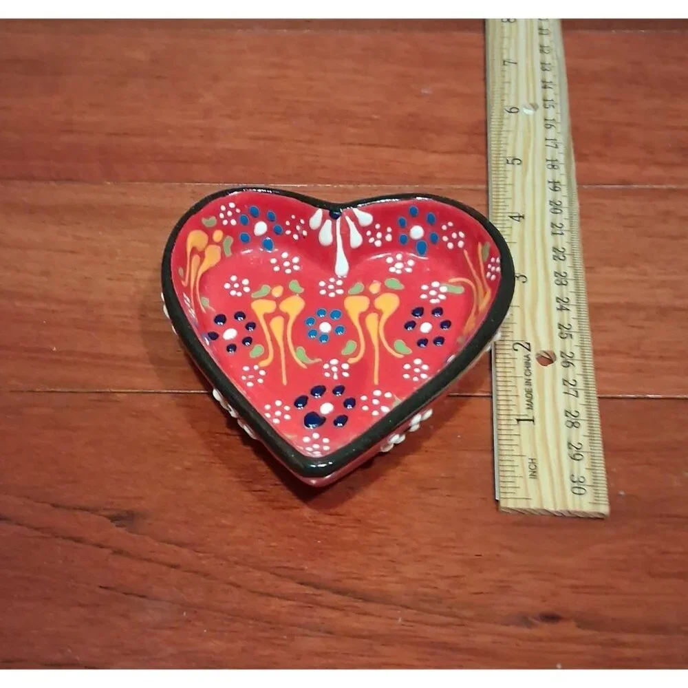 Colorful Hand Painted Heart Shaped Trinket Jewelry Ring Dish Vintage Boho